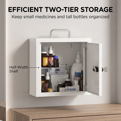 Medicine Cabinet | White Wall-Mounted 2-Tier Stainless Steel First Aid Storage with Dual Locks