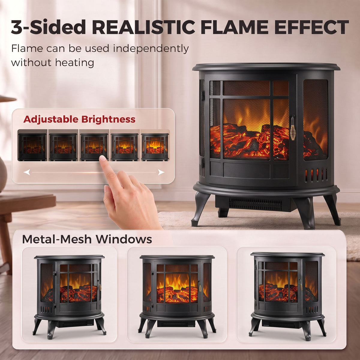3-Sided Electric Fireplace Stove | Energy Efficiency Rating C | 2000W Freestanding Heater with Independent LED Flame, Adjustable Brightness & 15-30 m² Coverage | Black