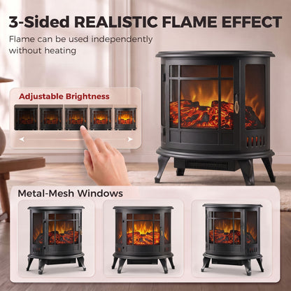 3-Sided Electric Fireplace Stove | Energy Efficiency Rating C | 2000W Freestanding Heater with Independent LED Flame, Adjustable Brightness & 15-30 m² Coverage | Black
