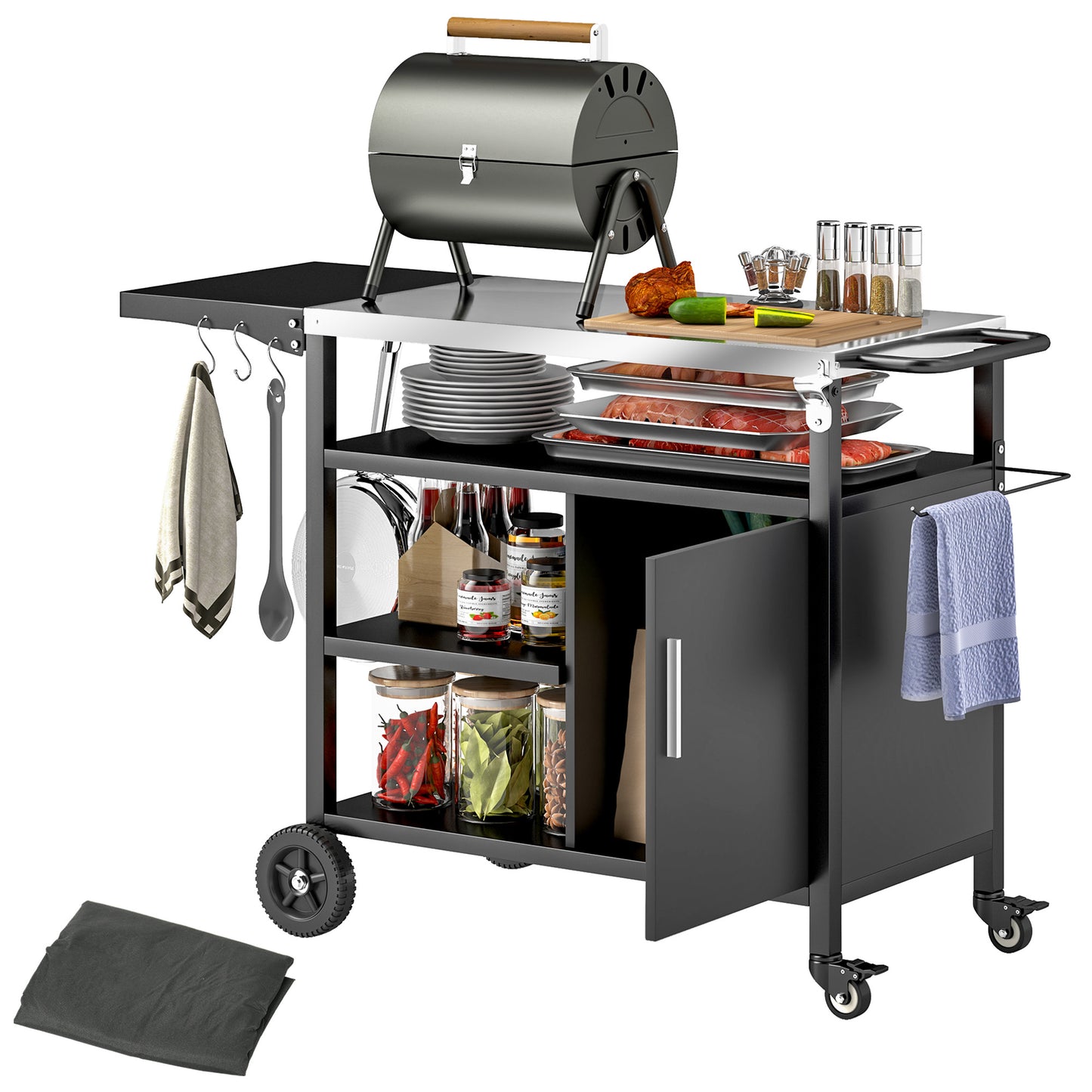 Outdoor BBQ Trolley with Foldable Side Table, Stainless Steel Top, Movable Outdoor Kitchen with Wheels Hooks Shelves Cabinet, Pizza Oven Table