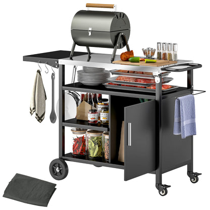 Outdoor BBQ Trolley with Foldable Side Table, Stainless Steel Top, Movable Outdoor Kitchen with Wheels Hooks Shelves Cabinet, Pizza Oven Table