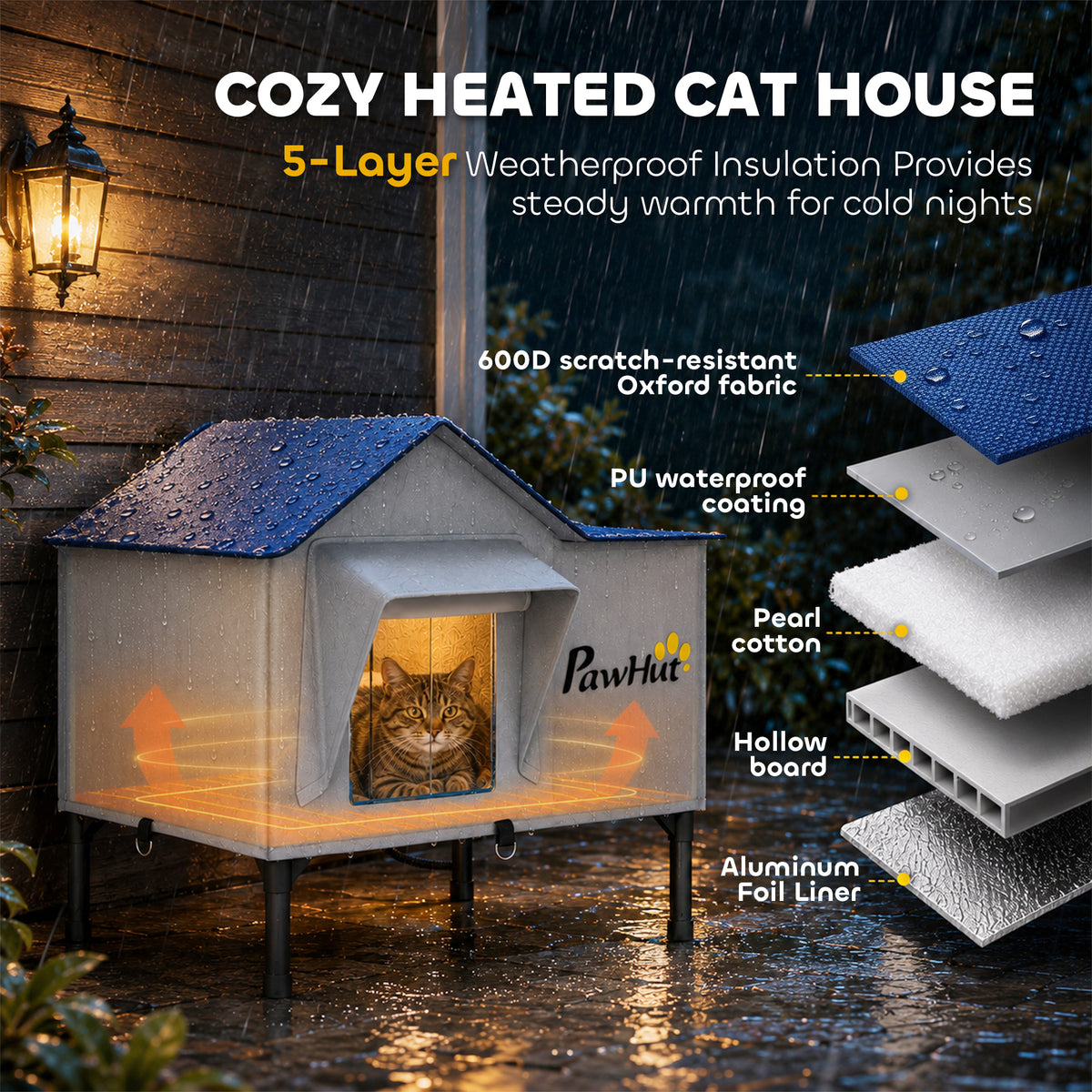 Heated Outdoor Cat House with 34W 230V Heating Pad | 5-Layer Insulation | PU Waterproof Shell | 5cm Elevated Base | Lock-Free Escape Door | 51x41x55cm | Up to 2 Cats | Light Grey