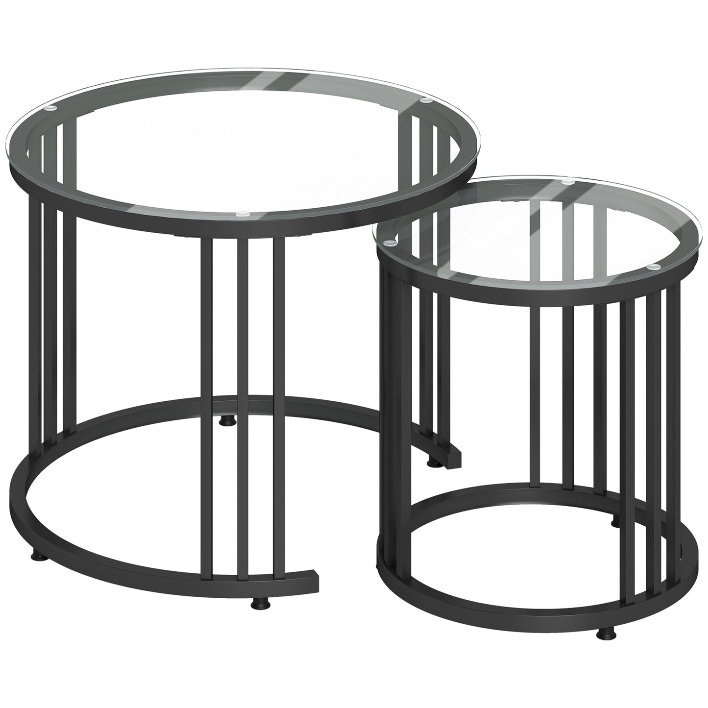 Round Coffee Tables Set of 2, Nesting Tables with Tempered Glass Top and Steel Frame, Black