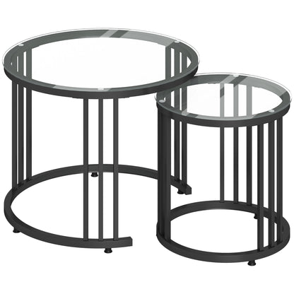 Round Coffee Tables Set of 2, Nesting Tables with Tempered Glass Top and Steel Frame, Black