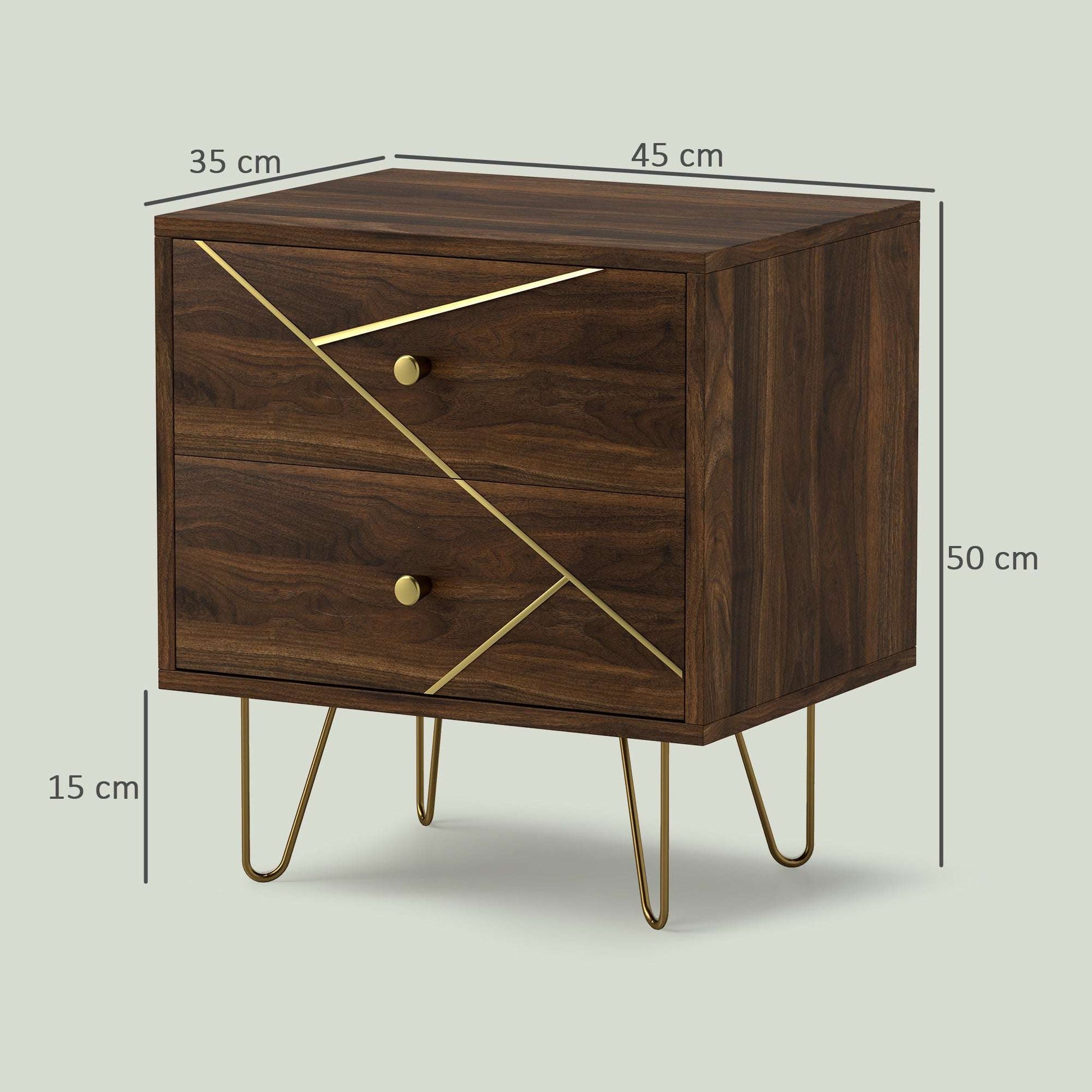Bedside Tables Set of 2, Modern Side Table Set with 2 Drawers and Steel Hairpin Legs, Nightstand for Bedroom, Brown Wood Grain