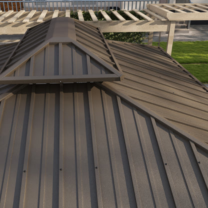 Outsunny 3 x 3.7m Outdoor Hardtop Gazebo Canopy Aluminium Frame with 2-Tier Roof & Mesh Netting Sidewalls for Patio, Dark Brown