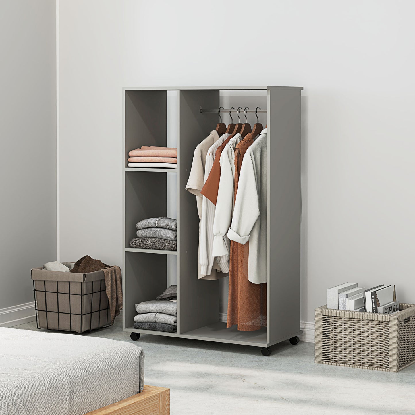 Open Wardrobe on Wheels with Clothes Rail, Bedroom Clothes Storage with Hanging Rod, 3 Storage Shelves, Mobile Garment Rack for Cloakroom, Hallway, Grey