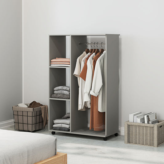 Open Wardrobe on Wheels with Clothes Rail, Bedroom Clothes Storage with Hanging Rod, 3 Storage Shelves, Mobile Garment Rack for Cloakroom, Hallway, Grey