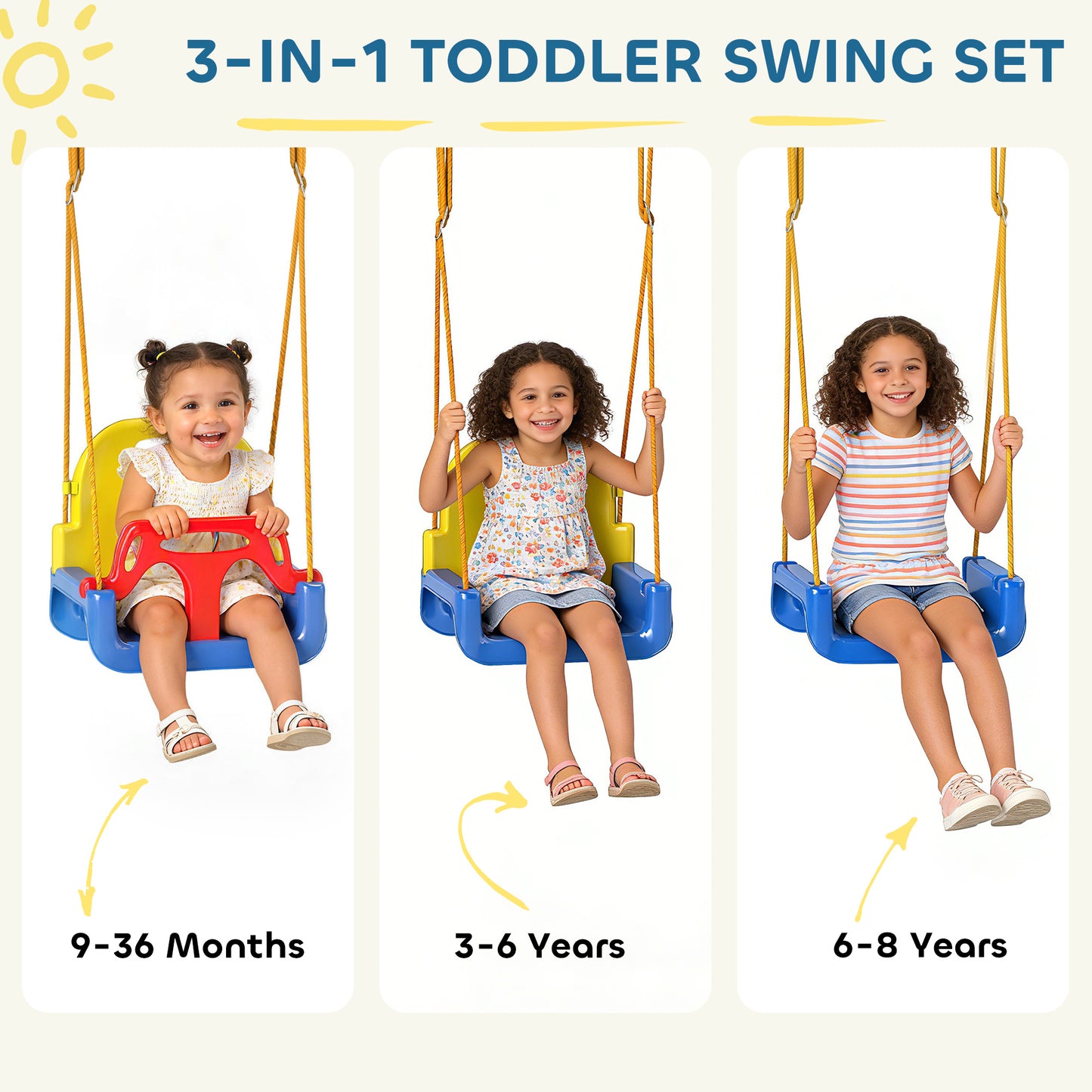 3-in-1 Toddler Swing Set – Foldable A-Frame, Seat Belt, Adjustable Height 35–55cm, Indoor & Outdoor, EN71 Tested, Ages 9 Months–8 Years – Blue