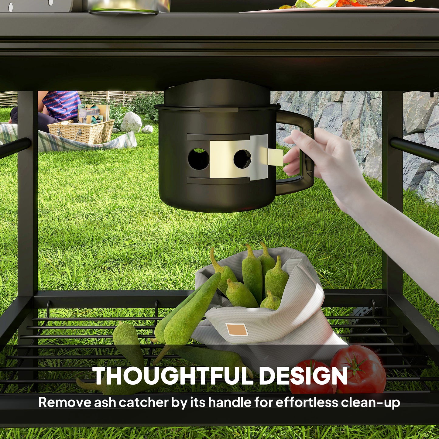 Charcoal BBQ Grill with Foldable Front Side Shelf, Portable Barbecue Smoker with Warming Rack, Bottom Shelf, Lid, Temperature Gauge