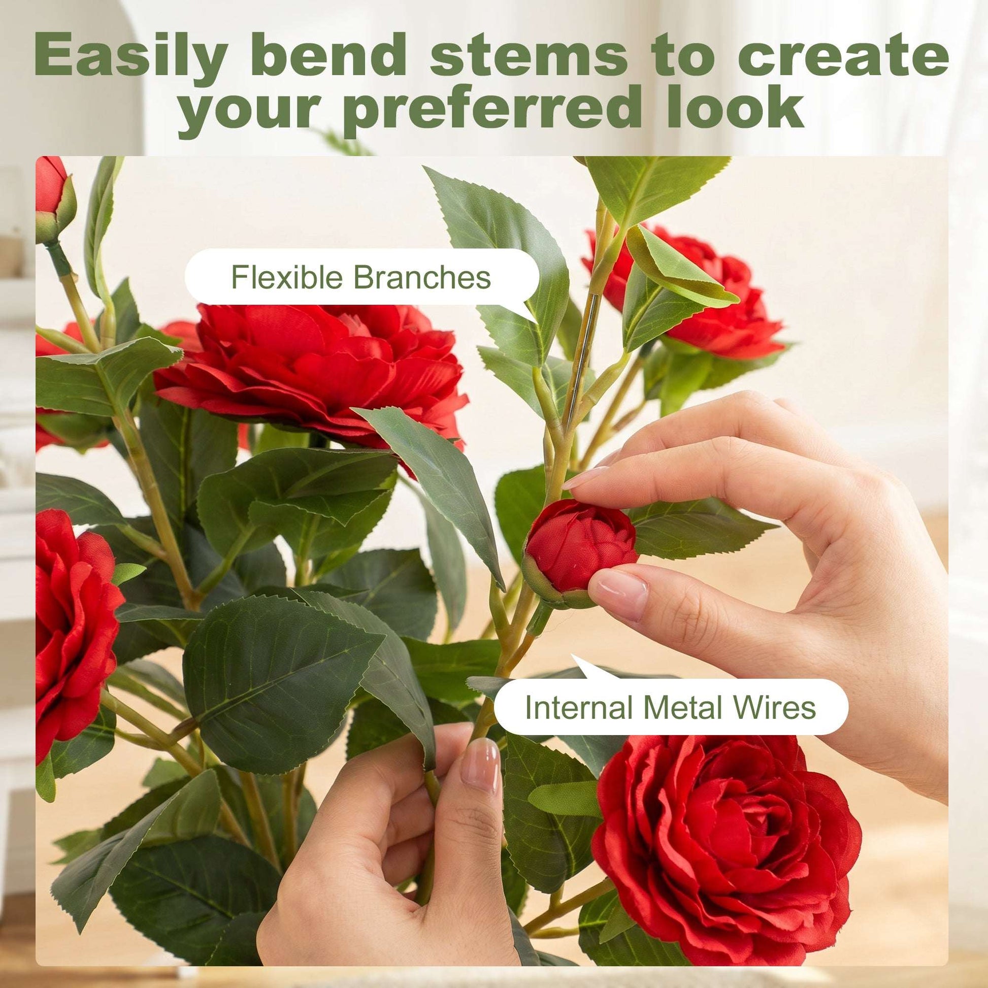 Artificial Camellia Flower Plant | 65cm | 116 PEVA Leaves | Red Silk Blossoms | Moss Effect | Cement Pot | Shapeable | No Maintenance
