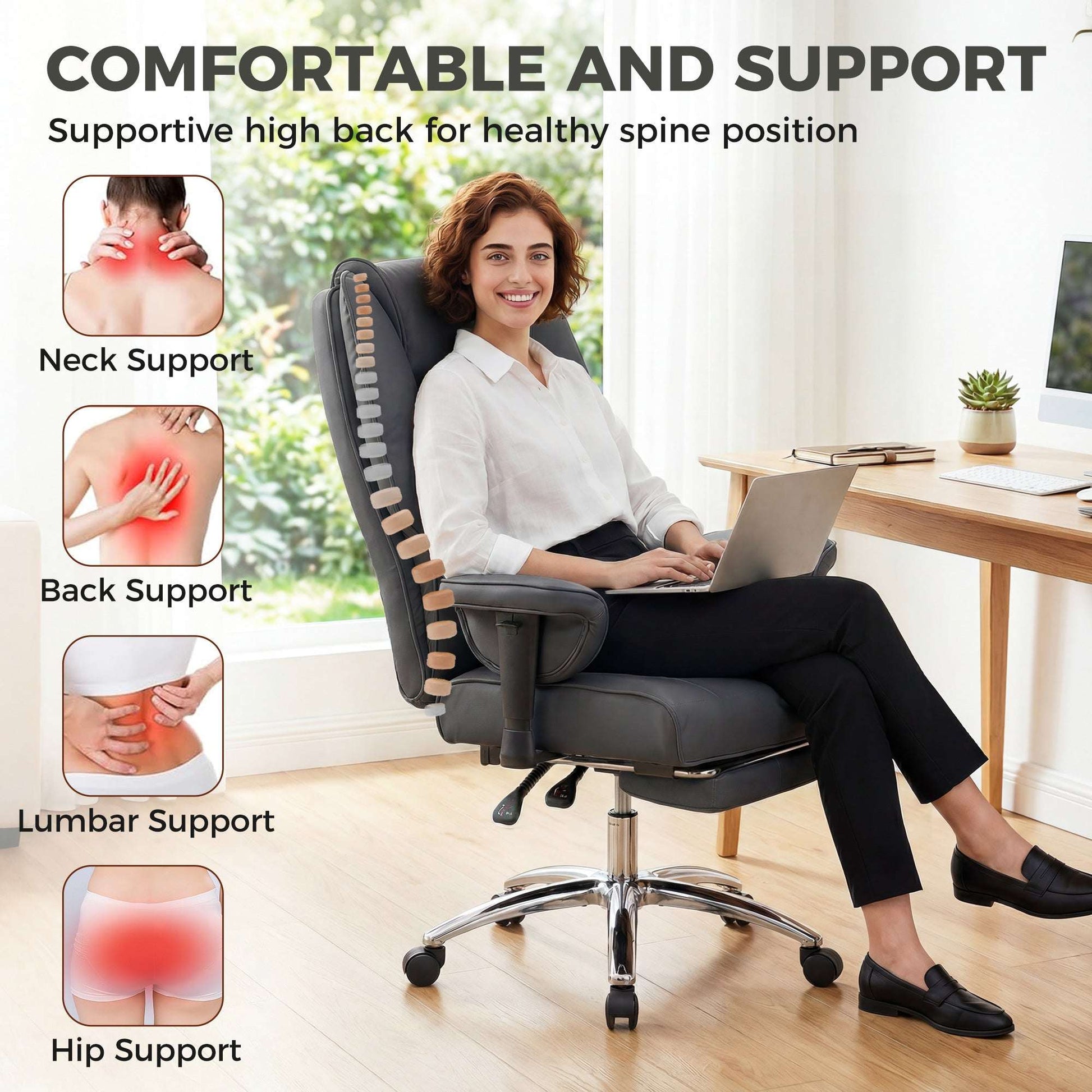 Ergonomic Executive Reclining Office Chair | 155° Recline | Retractable Footrest | Pocket Spring Seat | Pet-Friendly Faux Leather | Adjustable Armrests | SGS Gas Lift | 120kg | Black