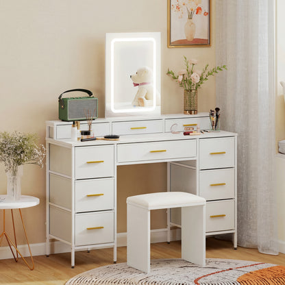 Dressing Table with LED Mirror | 10 Fabric Drawers | Gold Handles | 3 Light Modes | Anti-Tip | White
