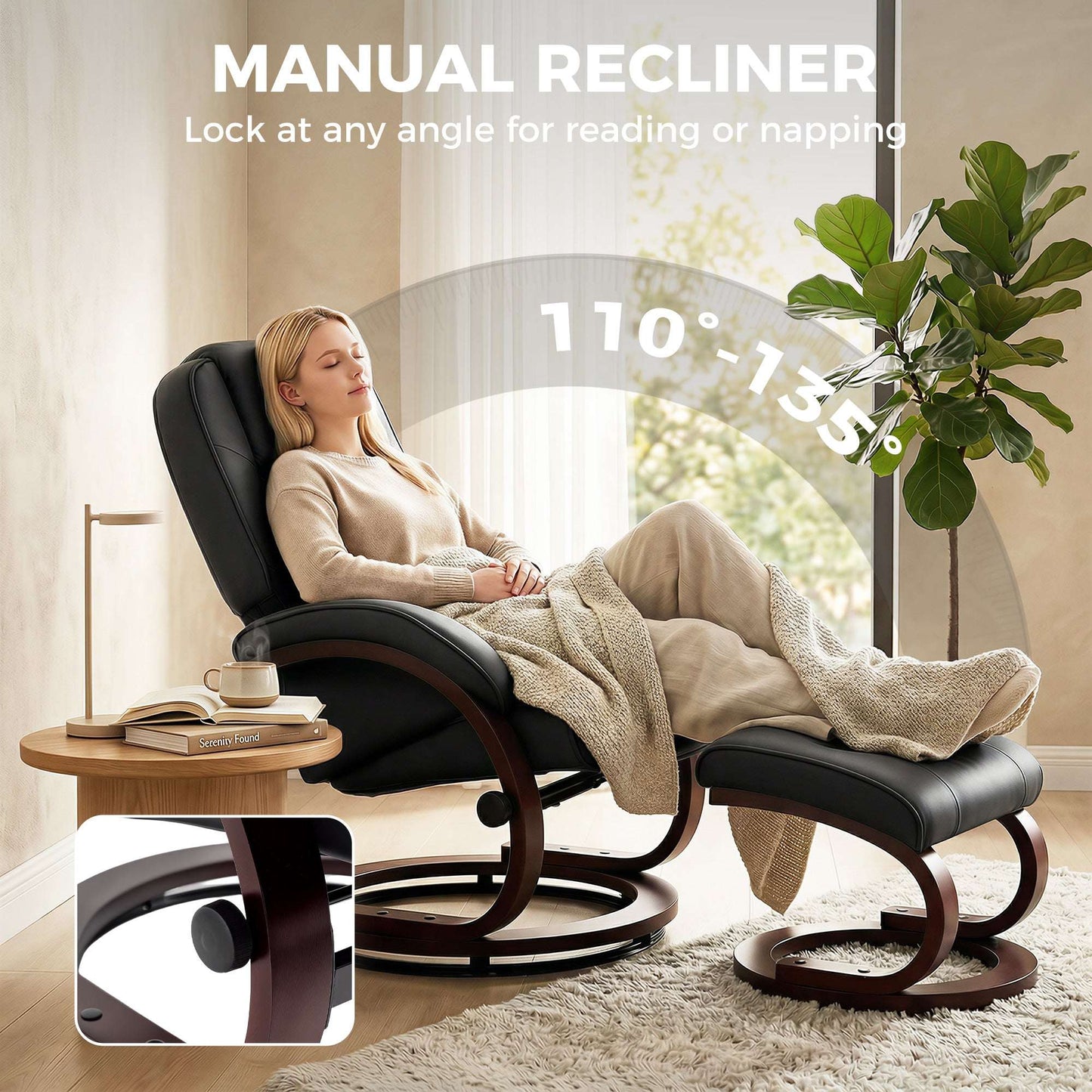Swivel Recliner Chair & Footstool | PU Leather | 360° Swivel | 135° Recline | Bent Wood Frame | 120kg | Black