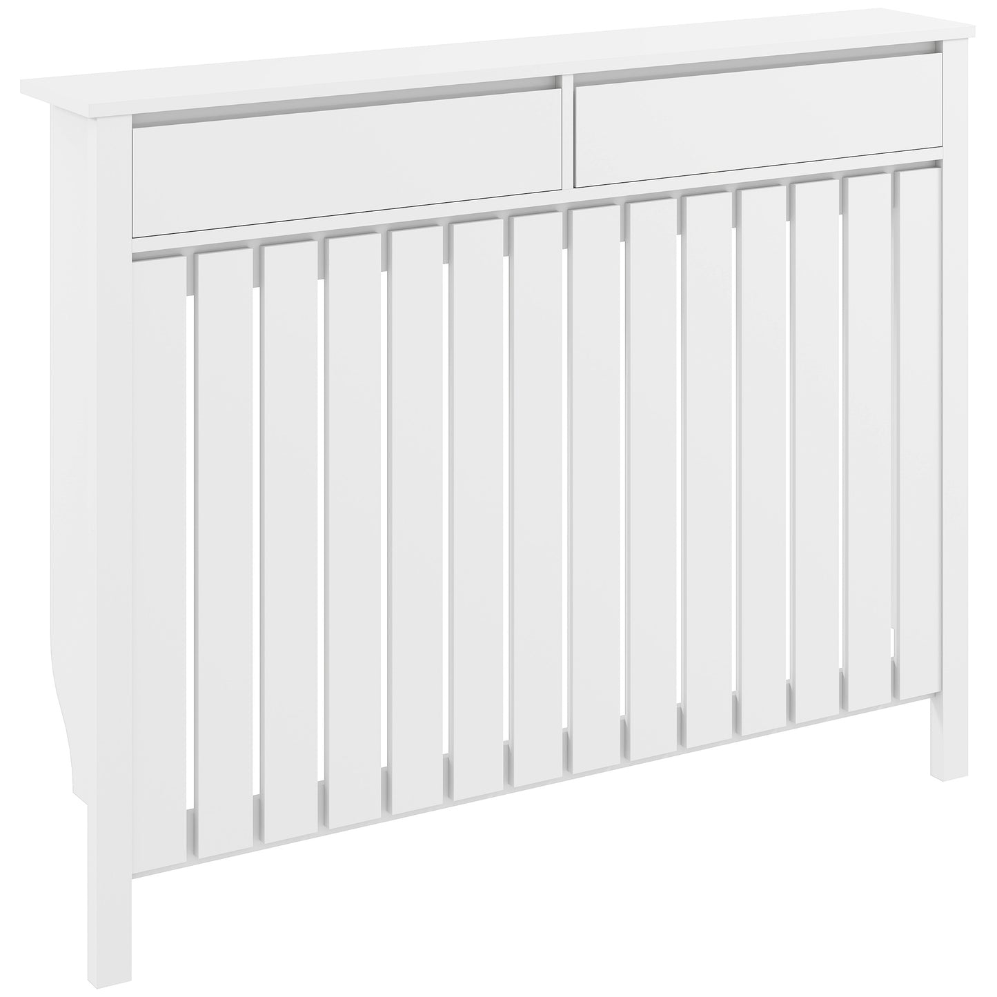 MDF & Particle Board Radiator Cover with 2 Drawers | Vertical Slats | Flat Top Display Surface | Wall Mountable | Pre-Cut Outs | 18kg Capacity | 119x19x93cm | White