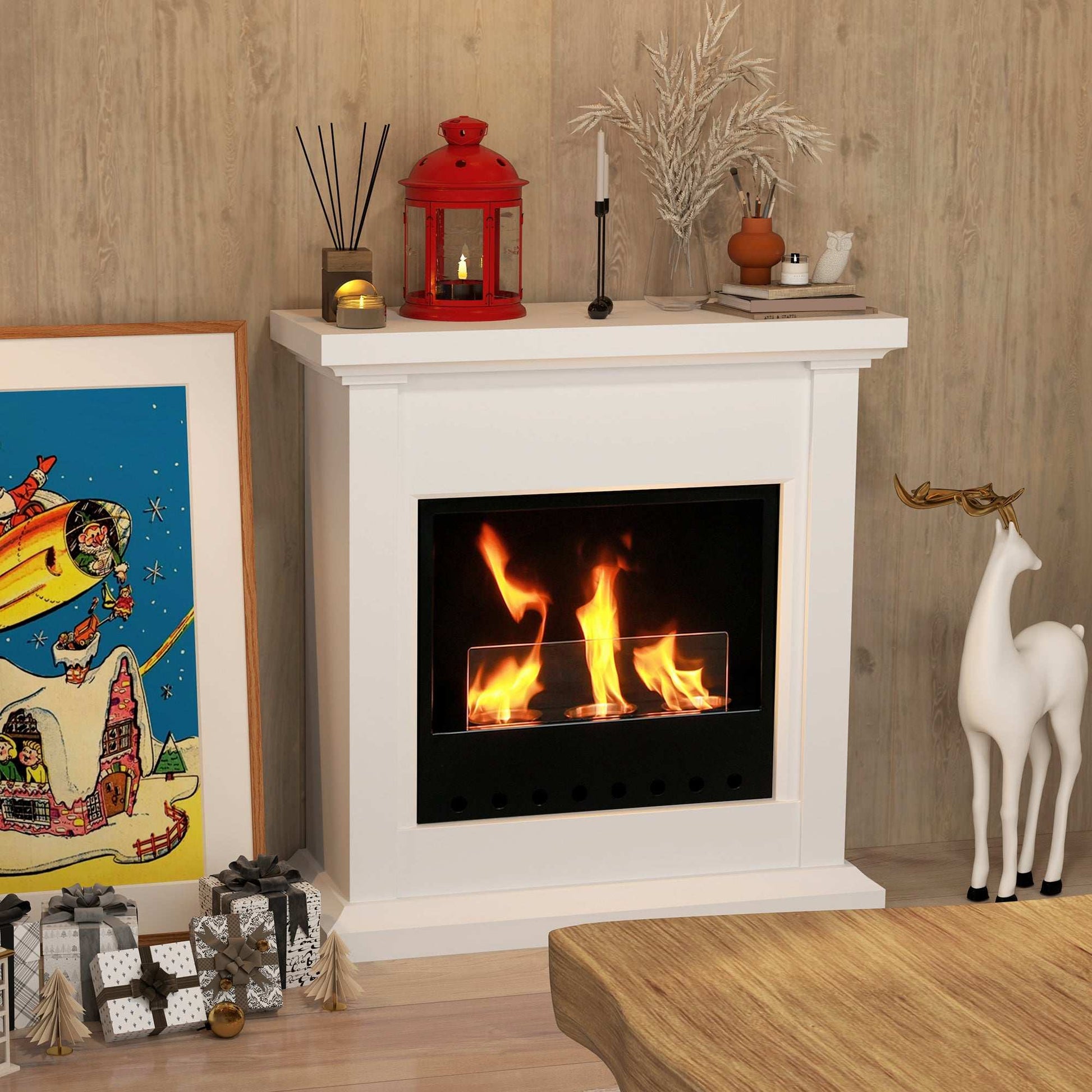 Gel and Ethanol Fireplace Stove, Modern Bioethanol Fire, Indoor Ethanol Burner with 1.2 Litres (39oz) Volume, Burns for Up to 3 Hours, 26 Inch, White