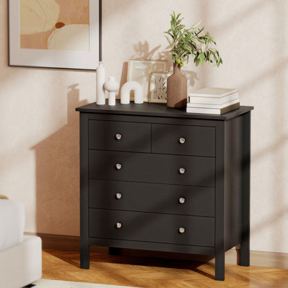 5-Drawer Chest of Drawers | 2 Small & 3 Large Drawers | Round Metal Knobs | Anti-Tip Straps | 70kg | Black