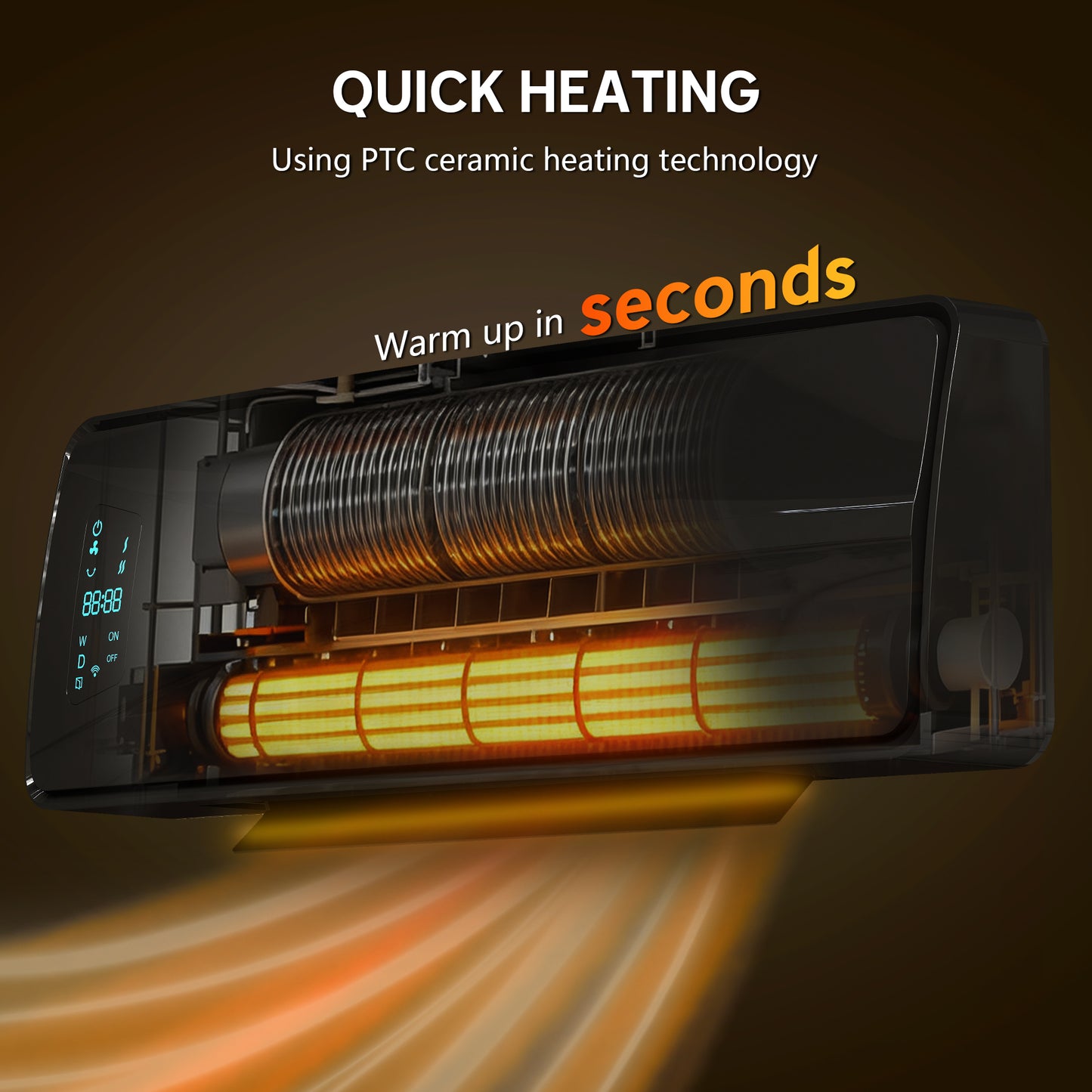 2000W Ceramic Electric Heater with Fan, Adjustable Thermostat, Wall Mounted - Black / White