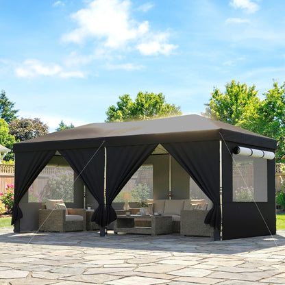 3x6m Pop-Up Canopy Gazebo | 17.5m² Coverage | 210D Silver-Coated UPF50+ Oxford Fabric | 6 Detachable Sidewalls | 3-Level Height Adjustment | 12 Drainage Holes | 18 Stakes & 6 Guy Ropes | Wheeled Carry Bag | Black
