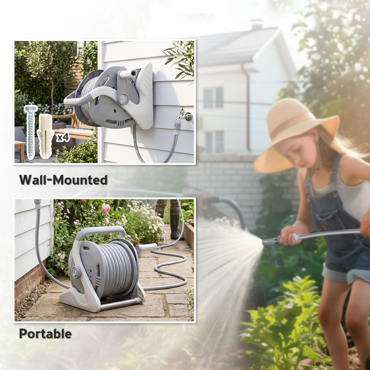 2-in-1 Wall Mounted & Portable Garden Hose Reel | 20+2m | Burst-Proof Hose | 2-Pattern Spray Nozzle | Crank Handle | Rust-Proof PVC | Grey