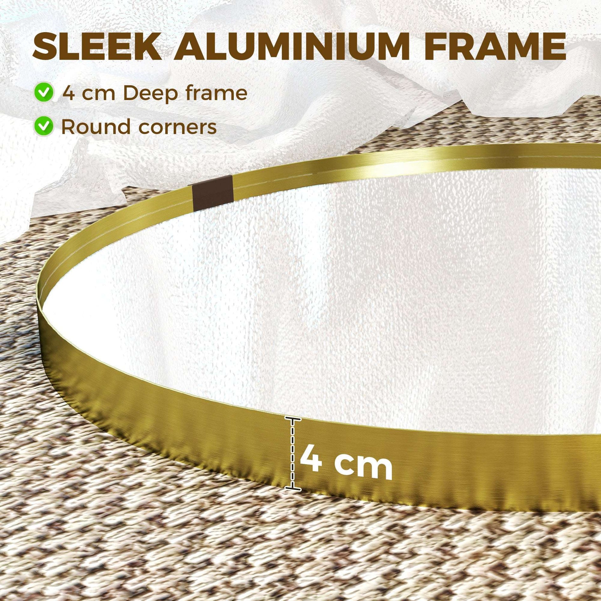 Round Wall Mirror | Shatterproof Tempered Glass | Anodised Aluminium Alloy Frame | 4cm Deep 3D Effect | 61cm Diameter | No Assembly | Gold Tone