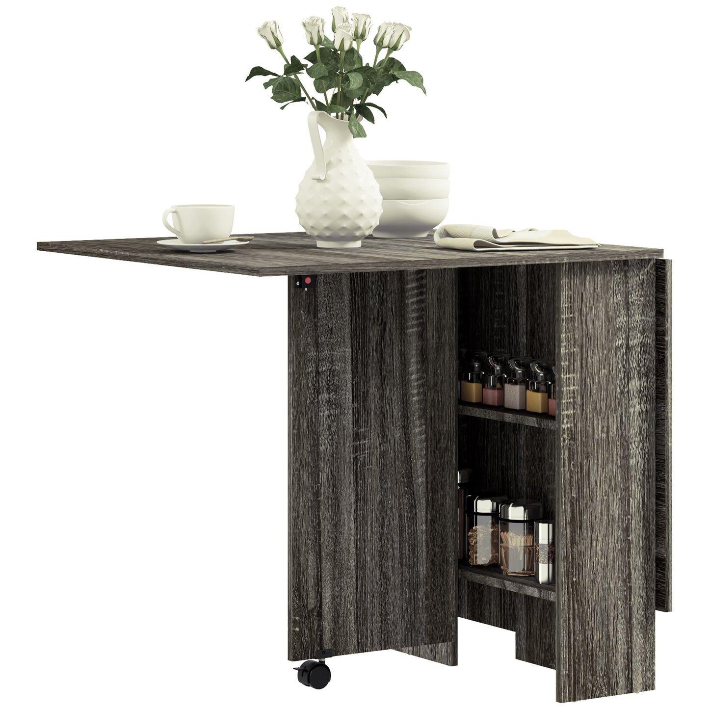 Retro Style Folding Dining Table, Drop Leaf Table for Small Spaces with 2-tier Shelves, Small Kitchen Table with Rolling Casters, Grey
