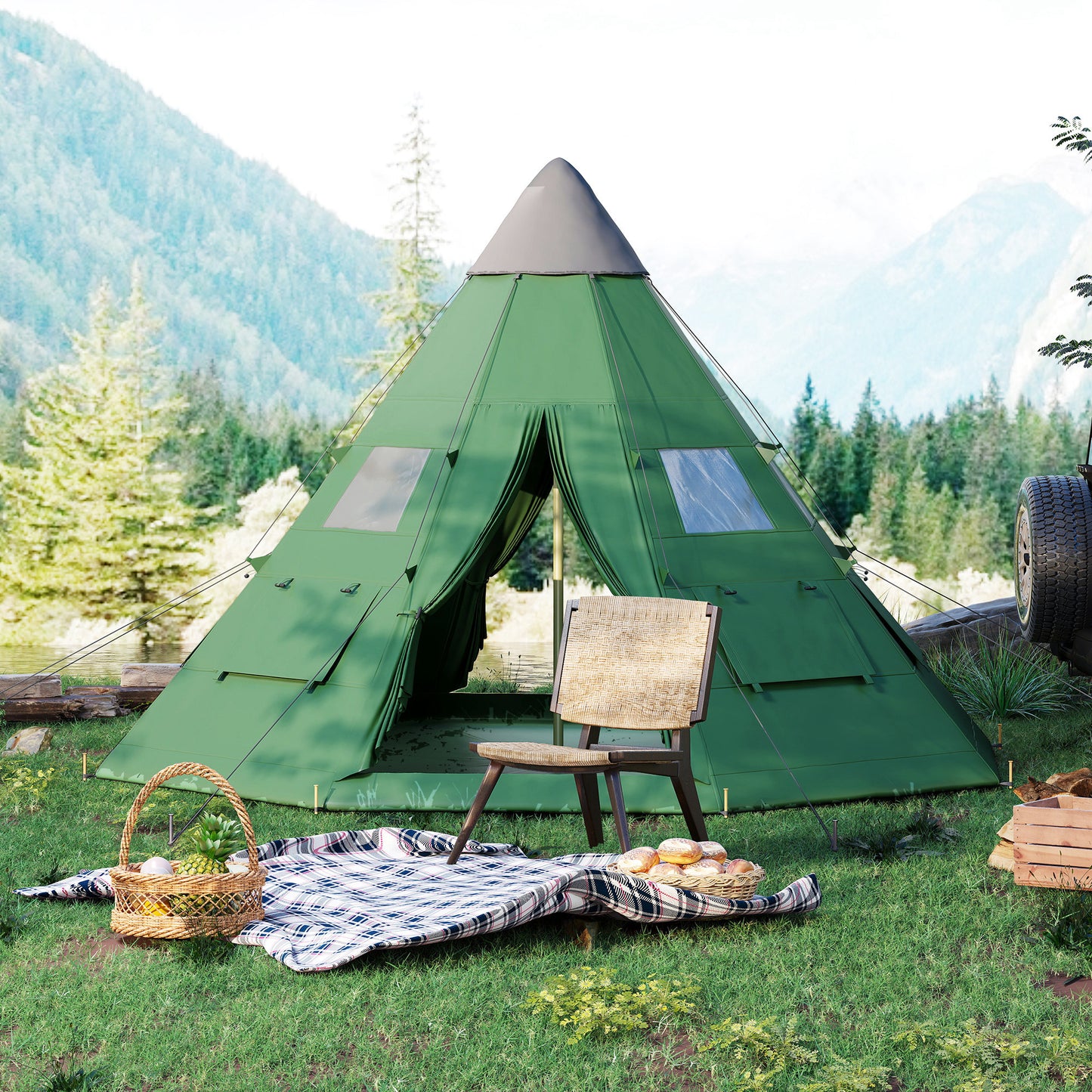 Outsunny 6 Men Tipi Tent with Carry Bag - Green / Orange