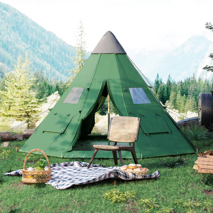Outsunny 6 Men Tipi Tent with Carry Bag - Green / Orange