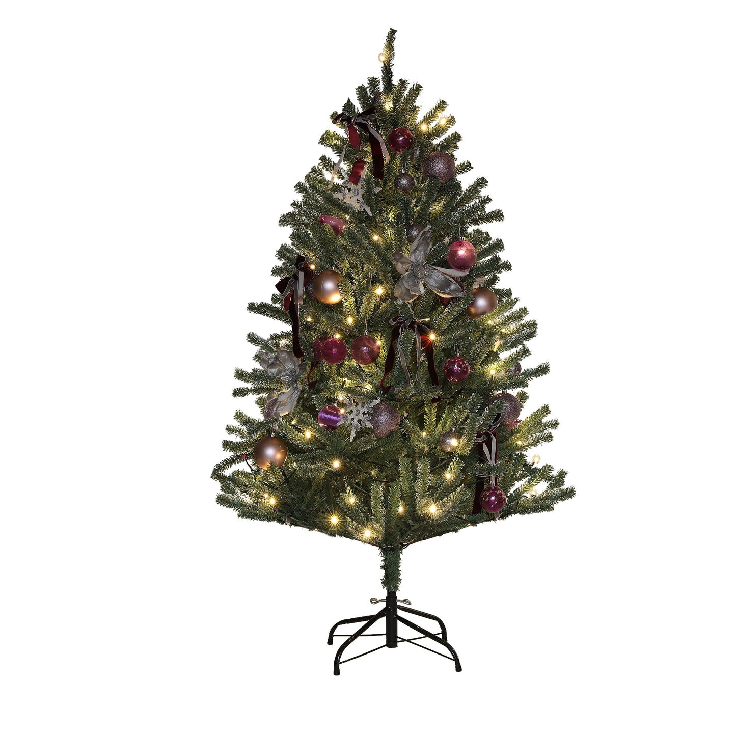 5ft Artificial Prelit Christmas Tree with Warm White LED Lights and 486 Tips, Metal Stand W/ Purple Ornaments