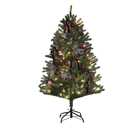 5ft Artificial Prelit Christmas Tree with Warm White LED Lights and 486 Tips, Metal Stand W/ Purple Ornaments