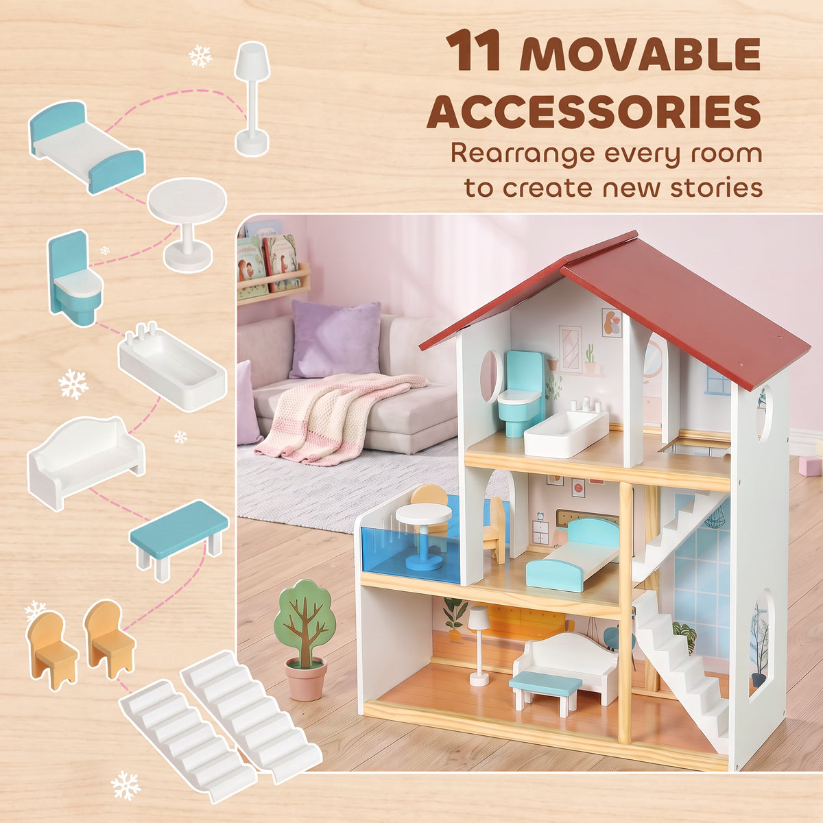 AIYAPLAY Wooden Dolls House | 3 Storeys & 5 Play Areas | 11 Movable Accessories | Balcony & Stairs | 66cm Tall | White | Ages 3+