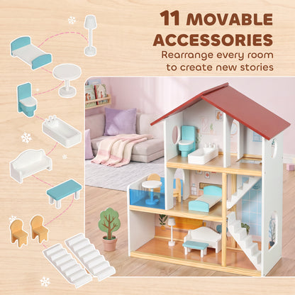 AIYAPLAY Wooden Dolls House | 3 Storeys & 5 Play Areas | 11 Movable Accessories | Balcony & Stairs | 66cm Tall | White | Ages 3+