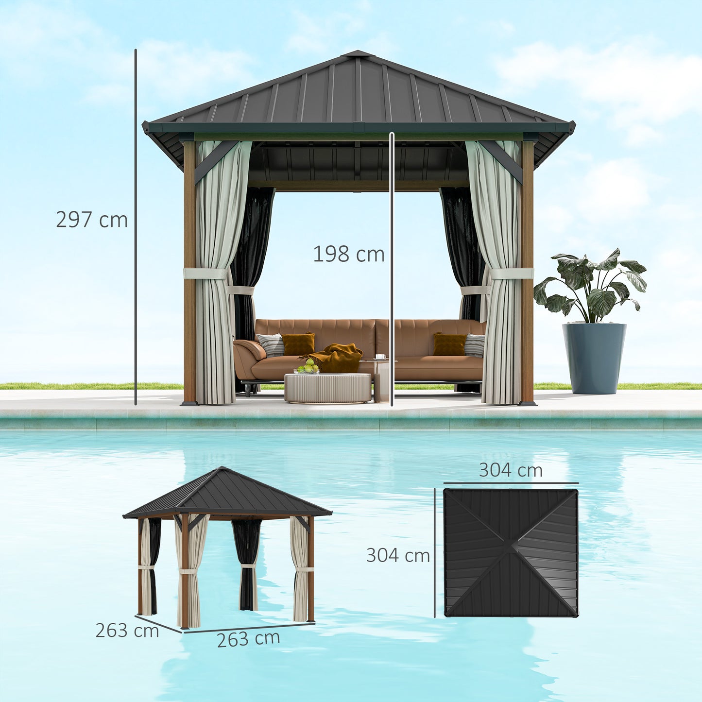 3 x 3(m) Hardtop Garden Gazebo W/ Galvanised Steel Roof & Water Gutter, Waterproof Permanent Pavilion for Patio, Deck, Walnut Wood Finish