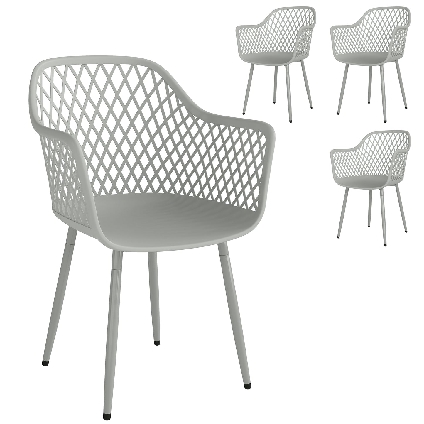 Set of 4 Garden Dining Chairs | Diamond Cut-Out Back | Armrests | Anti-UV PP | 120kg | Grey