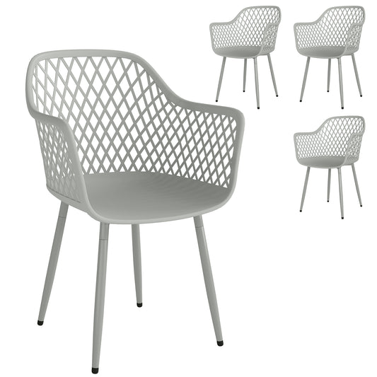 Set of 4 Garden Dining Chairs | Diamond Cut-Out Back | Armrests | Anti-UV PP | 120kg | Grey