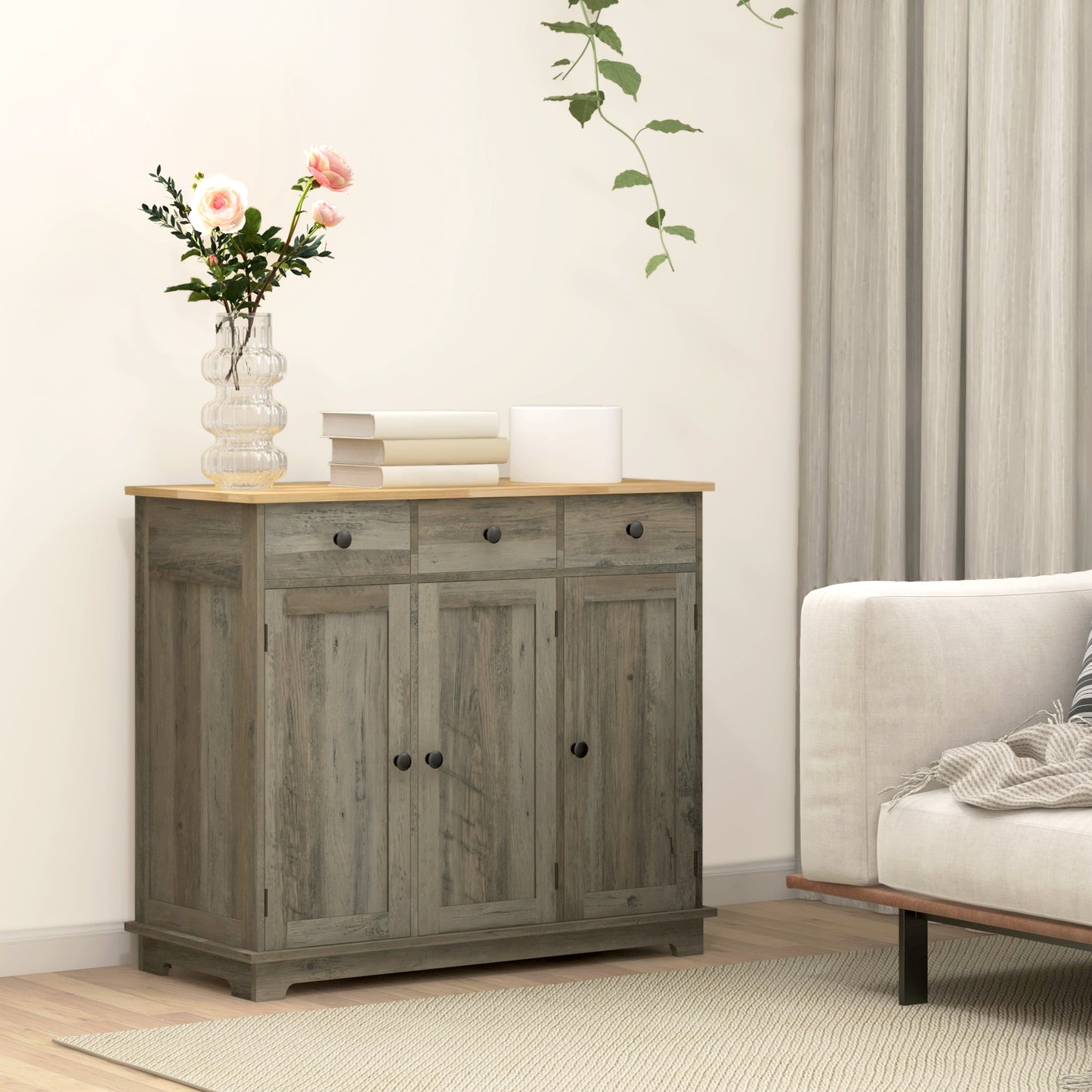 Modern Sideboard with Rubberwood Top, Buffet Cabinet with Storage Cabinets, Drawers and Adjustable Shelves for Dining Room, Kitchen
