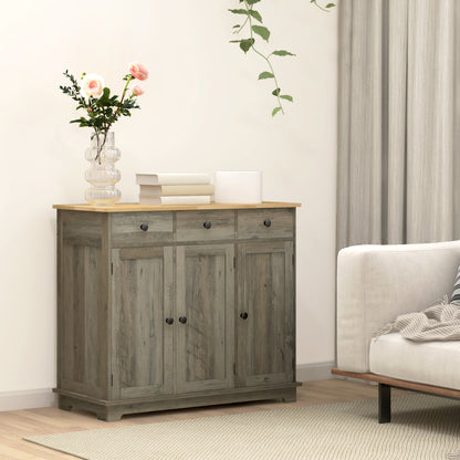 Modern Sideboard with Rubberwood Top, Buffet Cabinet with Storage Cabinets, Drawers and Adjustable Shelves for Dining Room, Kitchen