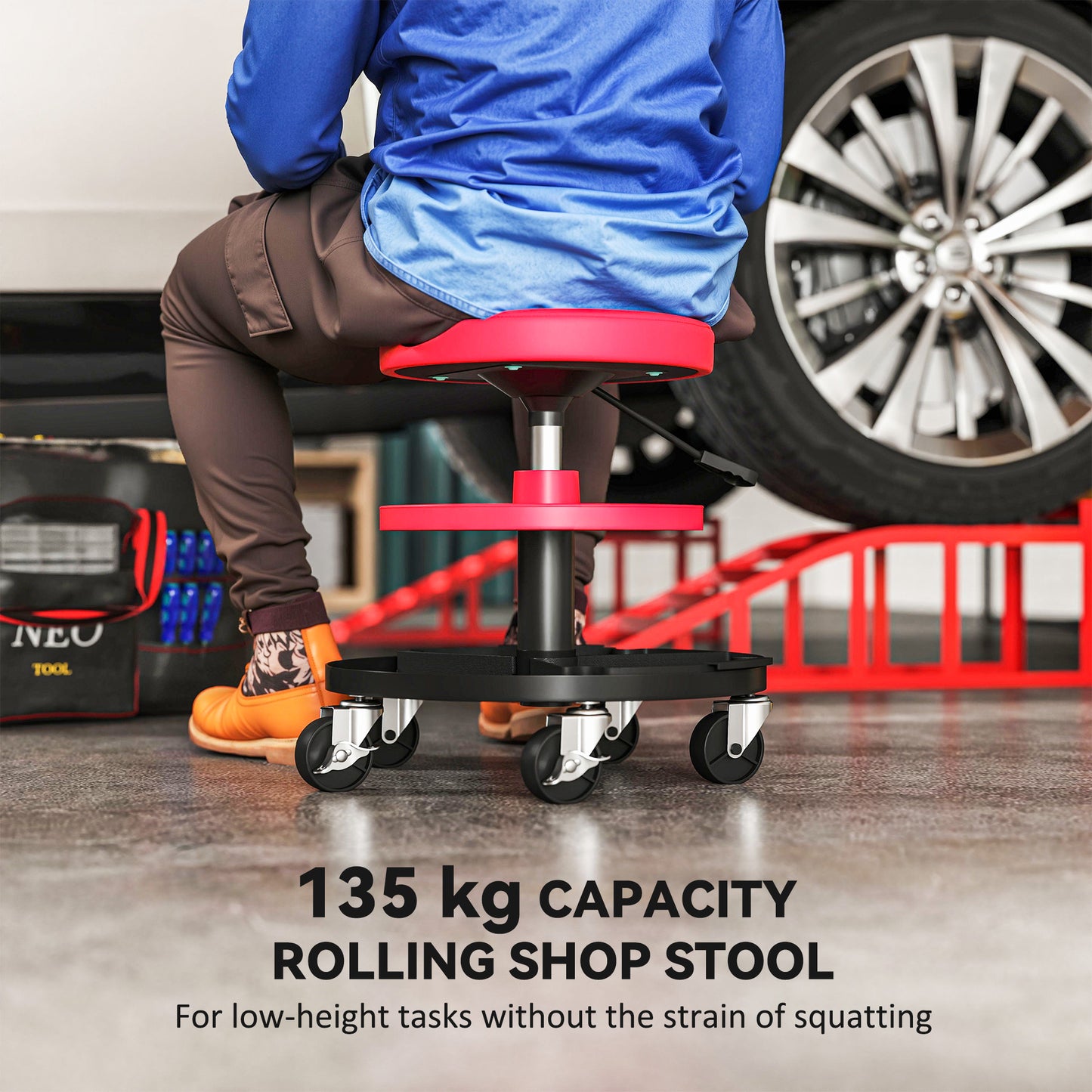 Rolling Mechanic Stool, 135kg Capacity Workshop Stool, 360° Swivel Roller Padded Creeper Seat with Wheels, Tool Trays Storage for Garage, Shop, Auto Repair, Red