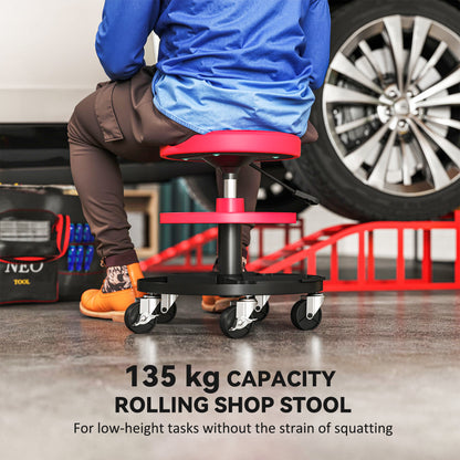 Rolling Mechanic Stool, 135kg Capacity Workshop Stool, 360° Swivel Roller Padded Creeper Seat with Wheels, Tool Trays Storage for Garage, Shop, Auto Repair, Red