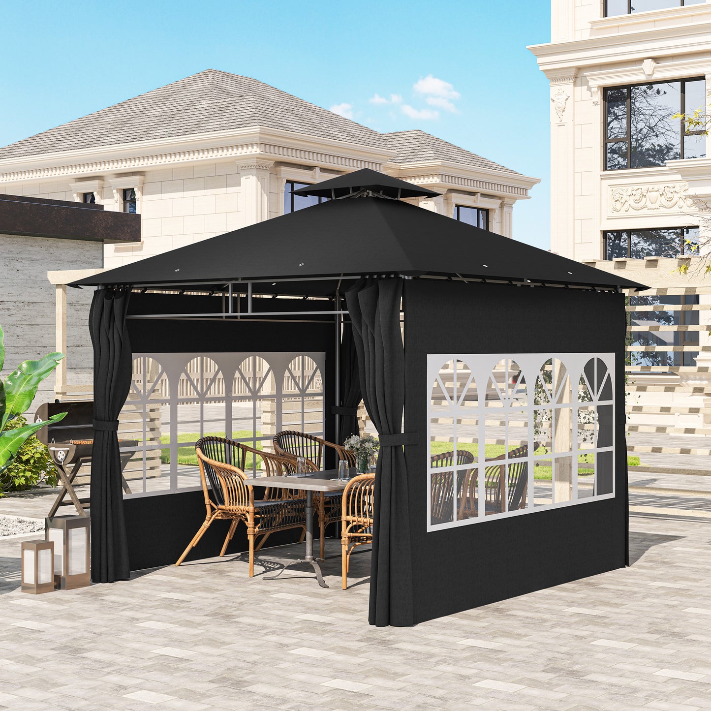 Outsunny 3 x 3 m Garden Gazebo, Double Roof Metal Gazebo with Removable Sidewalls and Church Windows, Outdoor Canopy Shelter