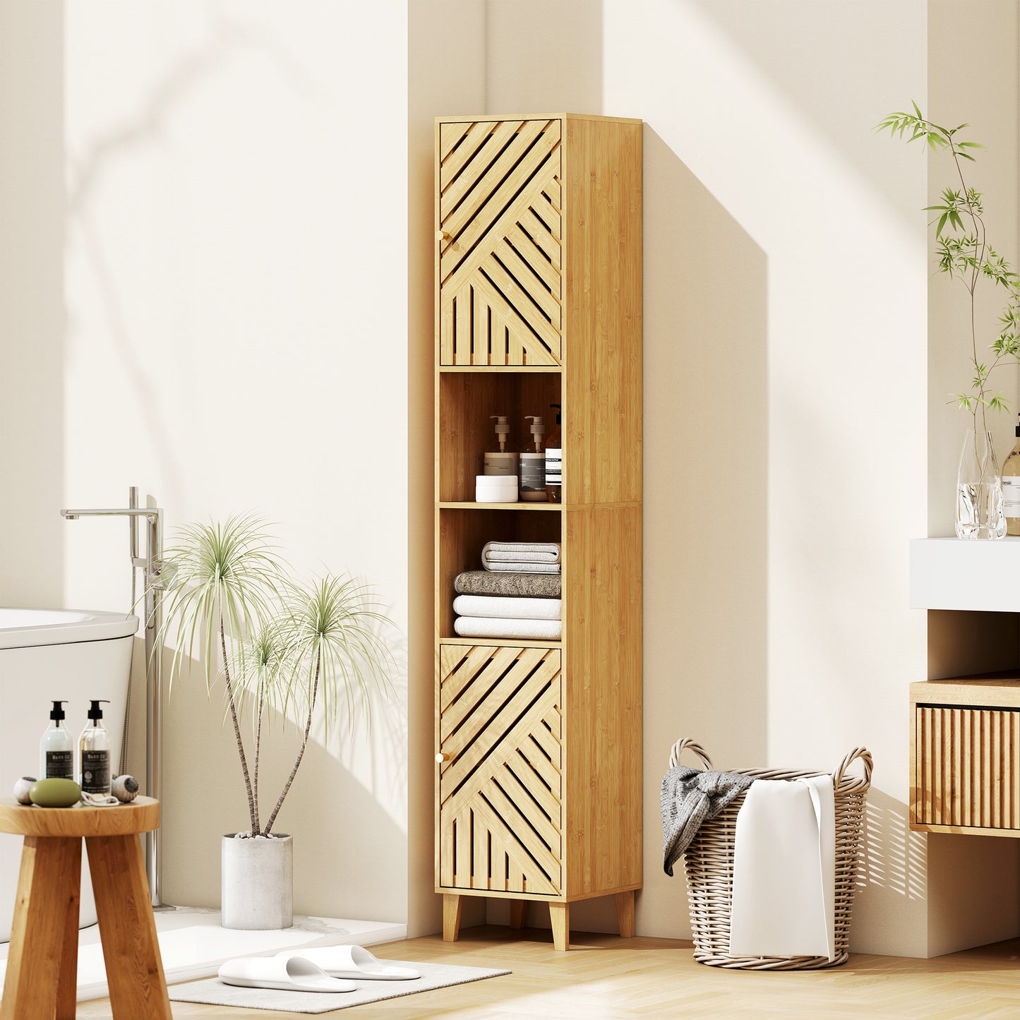 Multi-Storage Bamboo Door Bathroom Cabinet - Natural Finish