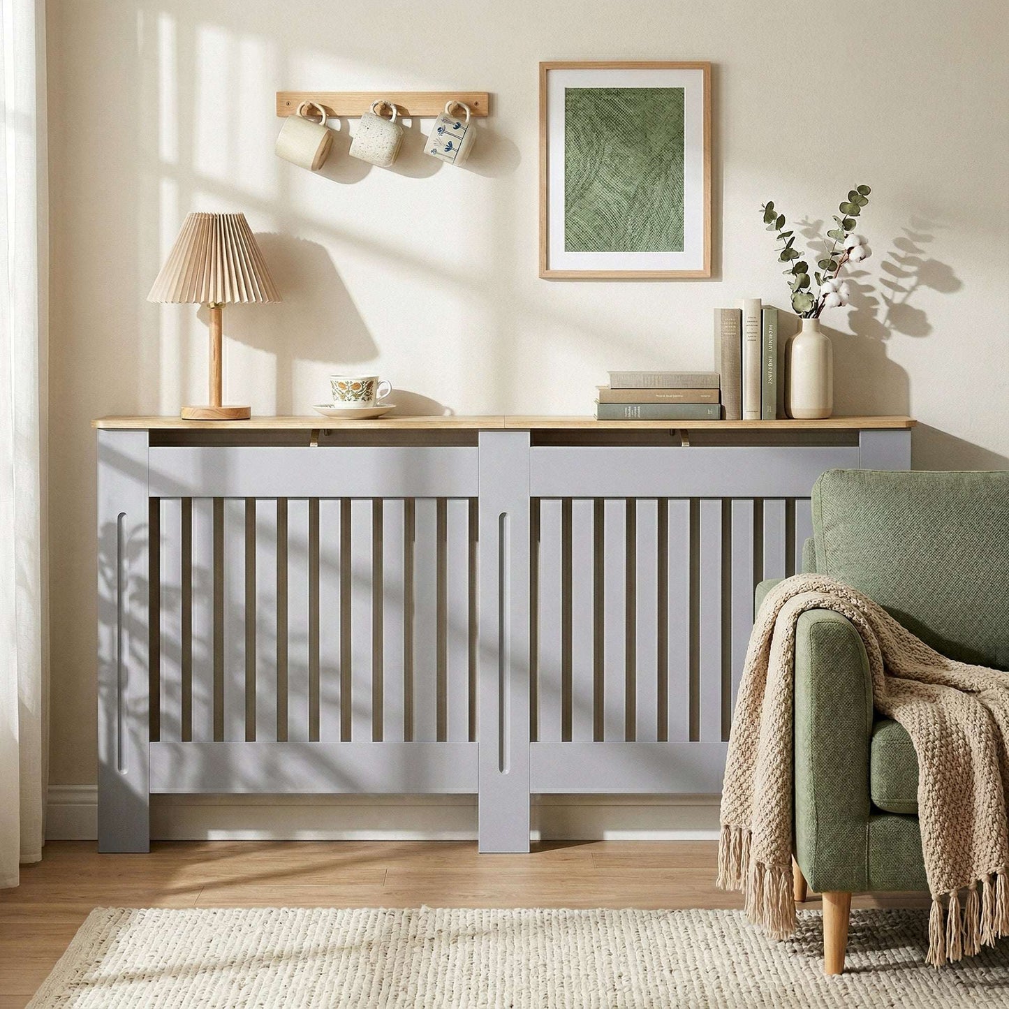 MDF Radiator Cover | Slatted Line Grill Design | Display Top | Wall Mountable | Fittings Included | 13kg | 172x19x81cm | Grey