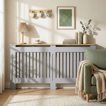 MDF Radiator Cover | Slatted Line Grill Design | Display Top | Wall Mountable | Fittings Included | 13kg | 172x19x81cm | Grey