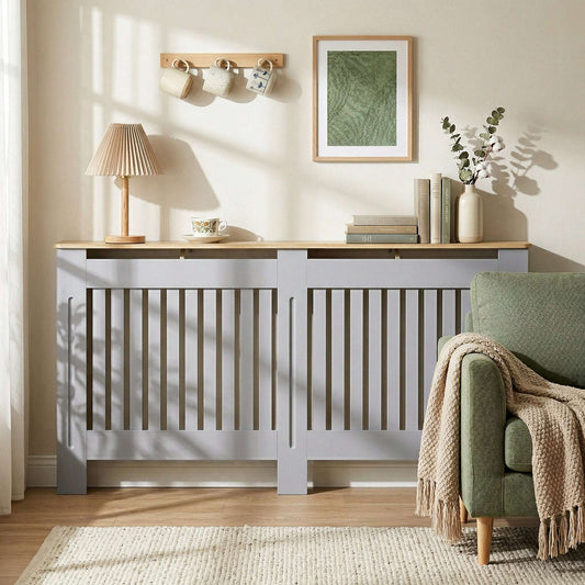 MDF Radiator Cover | Slatted Line Grill Design | Display Top | Wall Mountable | Fittings Included | 13kg | 172x19x81cm | Grey