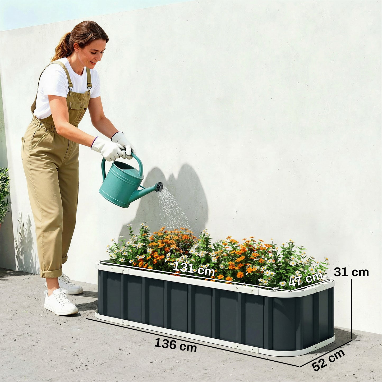 Galvanised Steel Raised Garden Bed | Folded Safety Edges | Snap-On Tool-Free Assembly | Powder-Coated Rust-Resistant | Open Bottom | 136x52x31cm | Herbs Flowers & Veg | Dark Grey