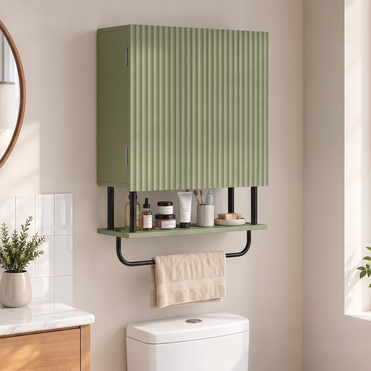 Bathroom Wall Cabinet | Modern Space Saver | Wall Mounted | Double Door Storage | Open Shelf | Towel Rail | Green