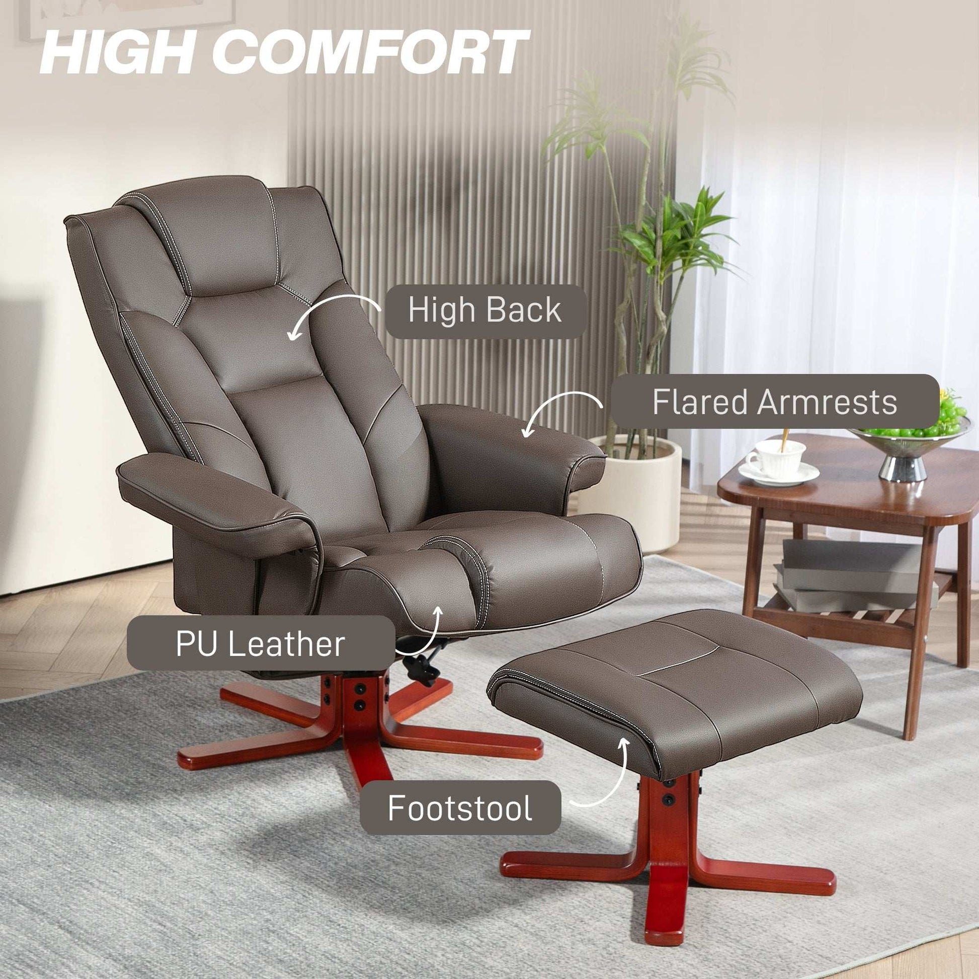 Faux Leather Manual Recliner and Footstool Set - Brown / Black