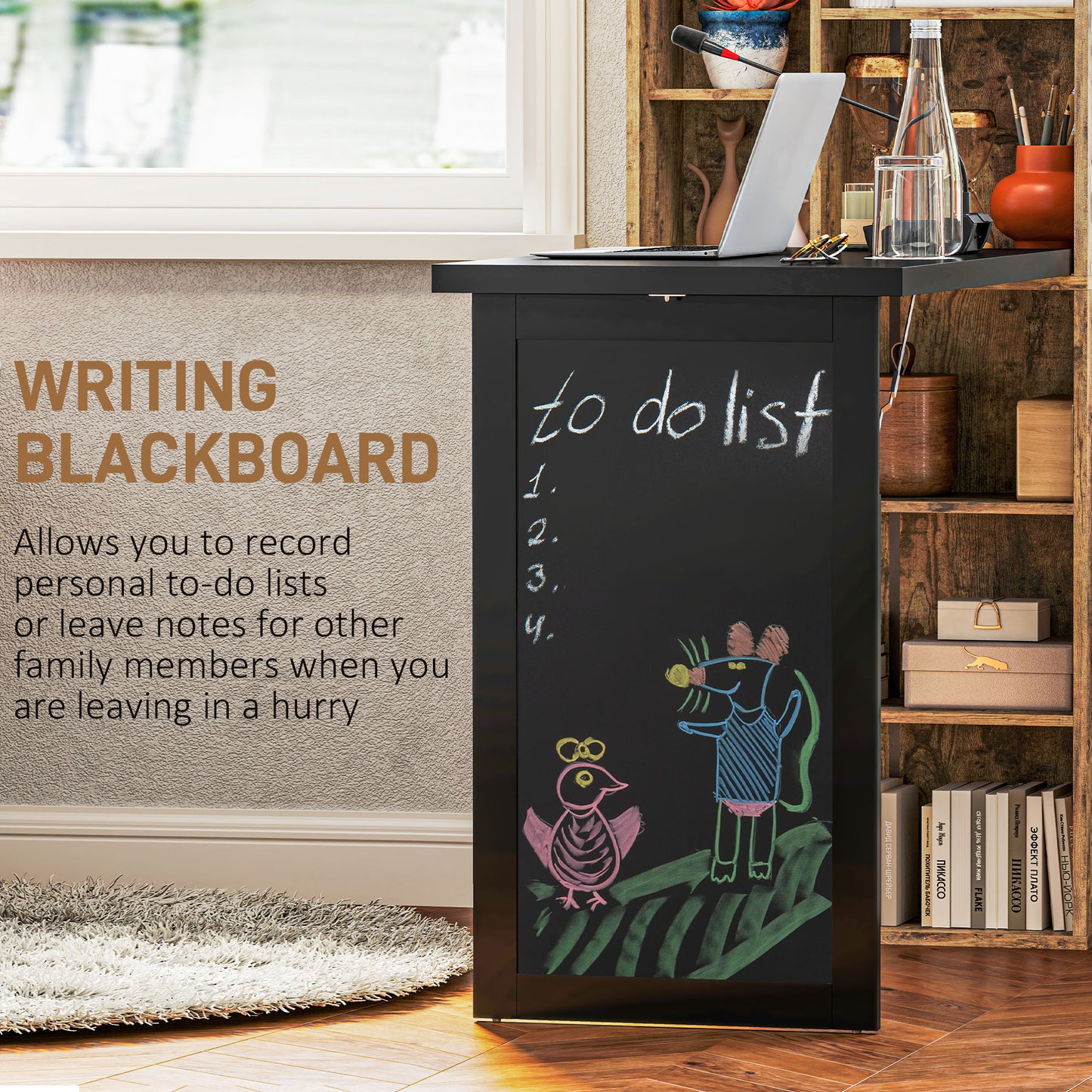 Folding Desk with Blackboard Multi-function Computer Office Workstation Side Shelf for Home Office, Rustic Brown