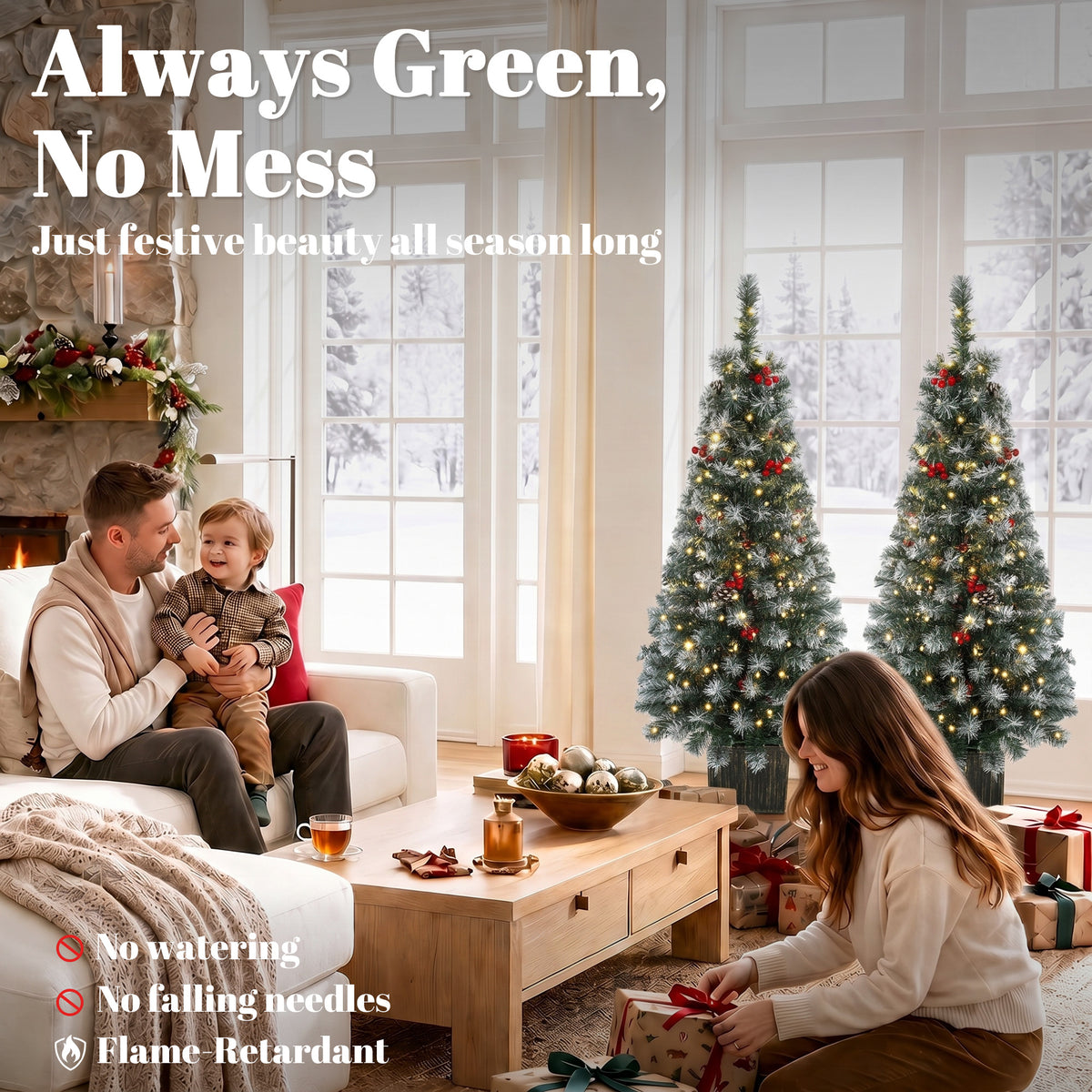 Set of 2 Slim Pre-Lit Christmas Trees | Green Frosted Tips | 120cm 4ft Pencil | 100 LEDs Warm White Multicolour | 11 Modes Remote | 140 Tips Pine Cones Berries | Battery Operated | Pot Base