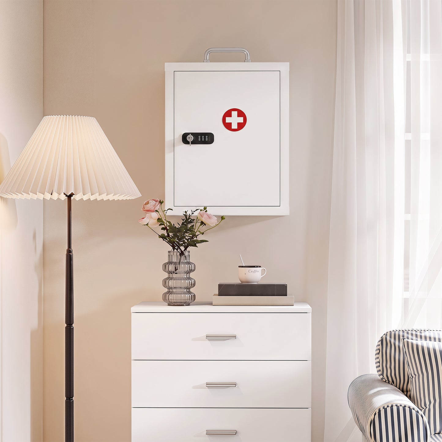Wall Mount Medicine Cabinet | Combination & Key Dual Lock | 3-Tier Steel | 5kg | No Assembly | 32 x 14 x 38cm | White